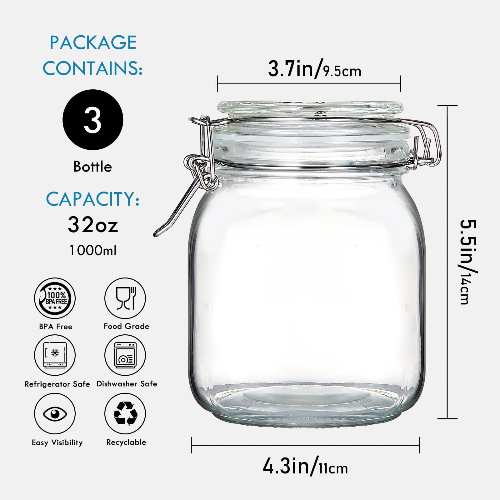 Yeboda 32Oz Food Storage Canister Glass Jars With Clamp Airtight Lids And Silicone Gaskets For Multi-Purpose Kitchen Containers